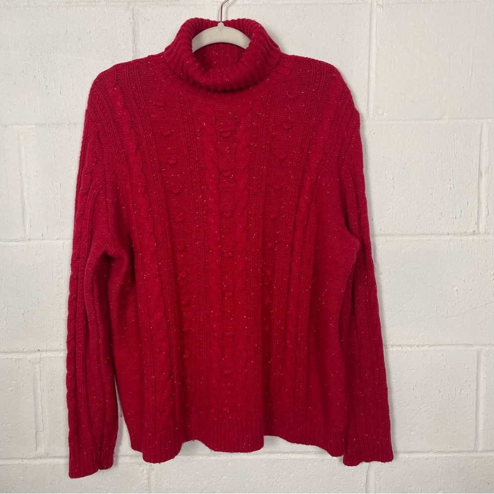 Lands' End Women's Red Turtleneck Sweater Wool Blend Cable Knit Fisherman XLP
